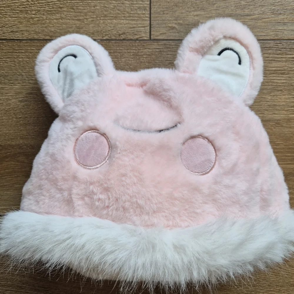 Pink White Plush Bear Hat Scarf Mittens 3 in 1 Hooded Pocket Scarf OS One Size